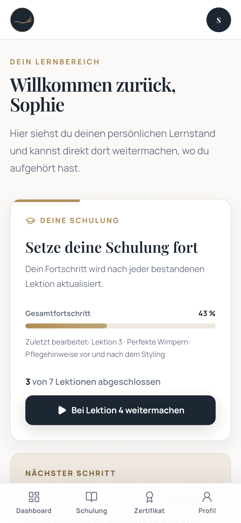 Mobile Beispielansicht des persönlichen Dashboards